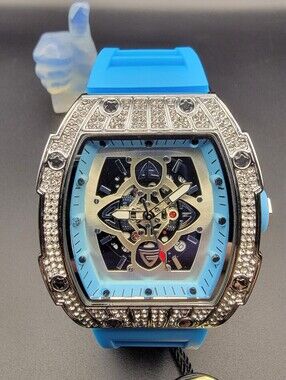 NWT Mens AJ Brand Blue Skeleton Diamond Style 41.5mm Watch Silicone Band w/Date